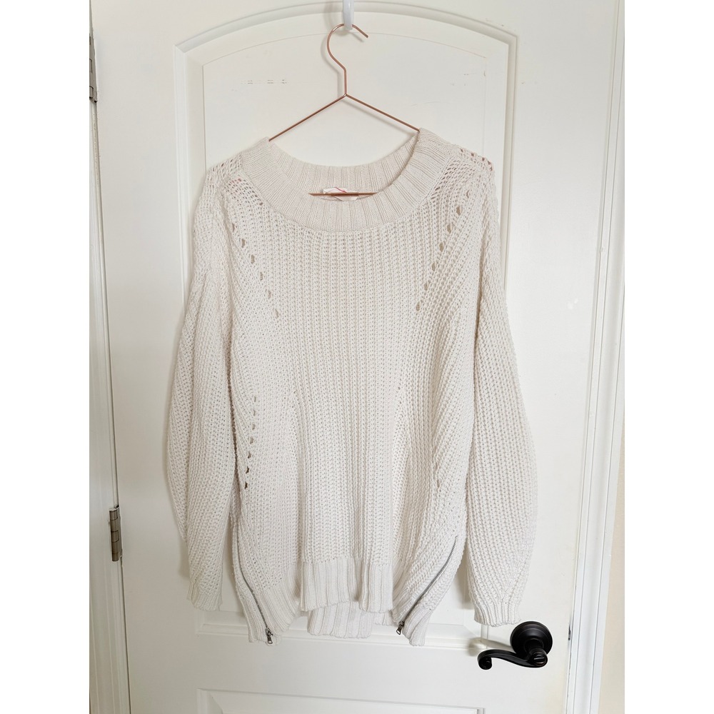 7 For All Mankind Sweater Womens Medium Cream White Side Zip Shaker Knit Cotton